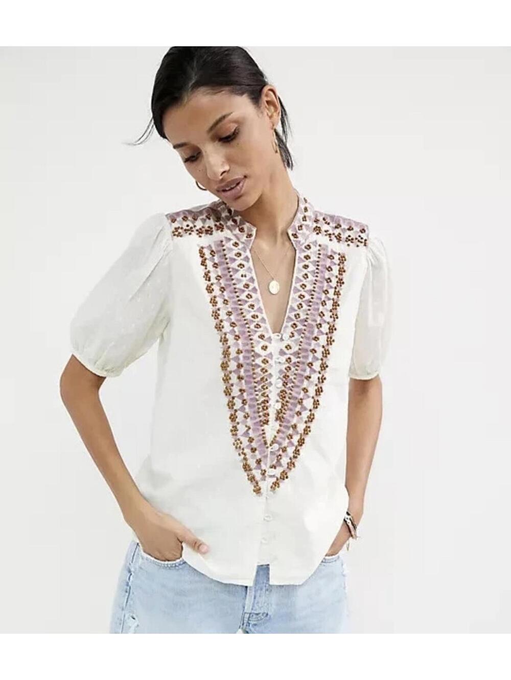 Anthropologie Forever That Girl Embroidered Peasant Beaded Blouse Size 6